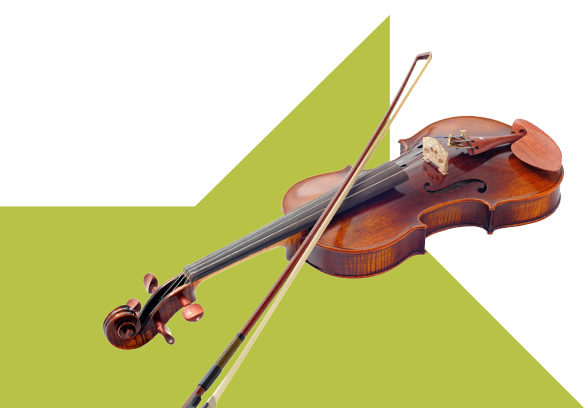 A wooden violin rests with its bow positioned diagonally across the strings, set against a plain olive green backdrop.