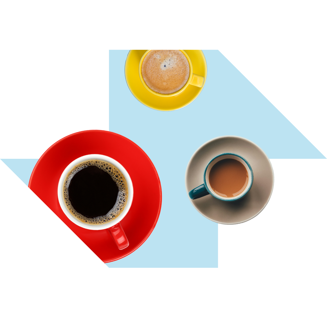 Three coffee cups in red, yellow, and beige saucers hold different coffees on a light blue background, creating a vibrant, minimalist arrangement.