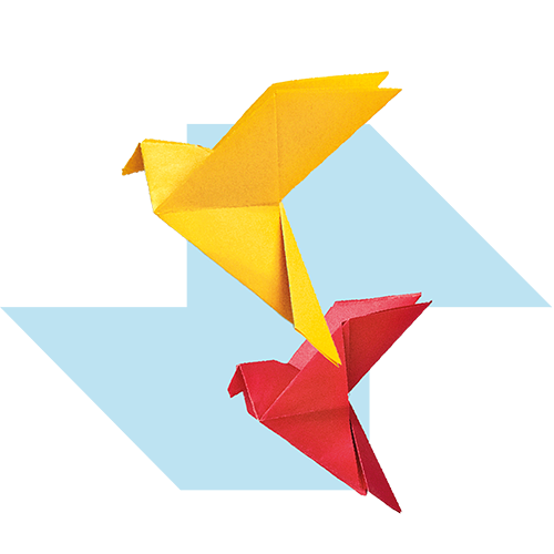 Red and yellow origami birds representing the responsible business review of leading London law firm, Forsters LLP