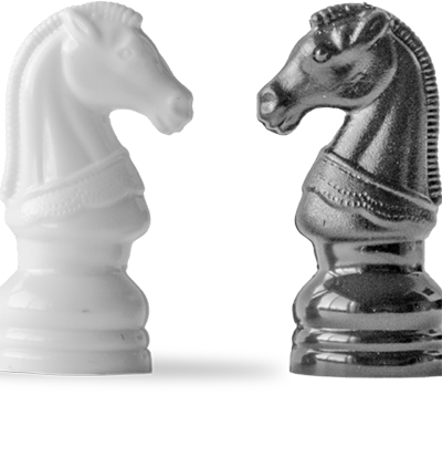 A white and a black chess knight facing each other against a plain, light background, symbolising a classic game confrontation with no additional scenery.