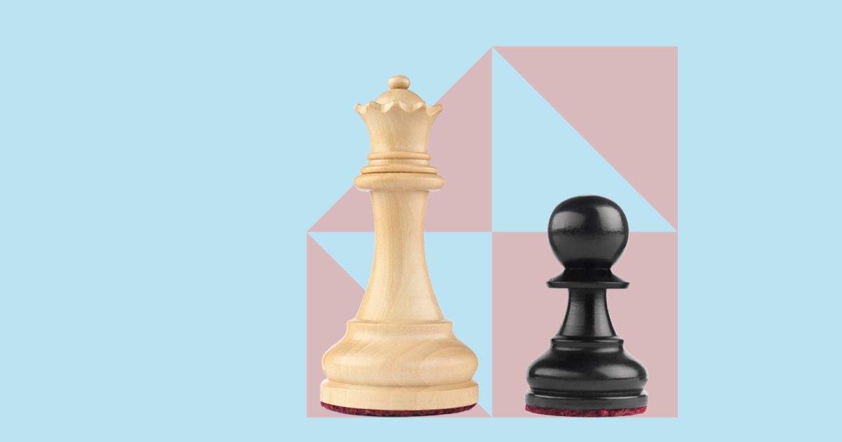 Chess pieces consisting of a white queen and a black pawn